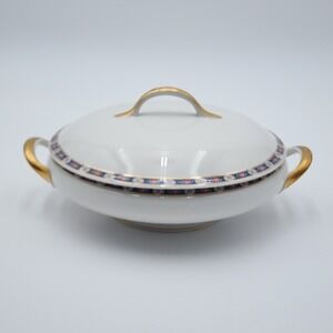 Vintage Limoges France UC Ceramique Soup Tureen Pink Roses w/Blue and Gold Band